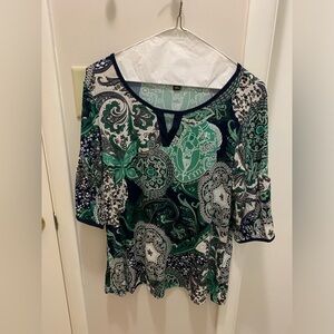 Green, navy, white patterned blouse